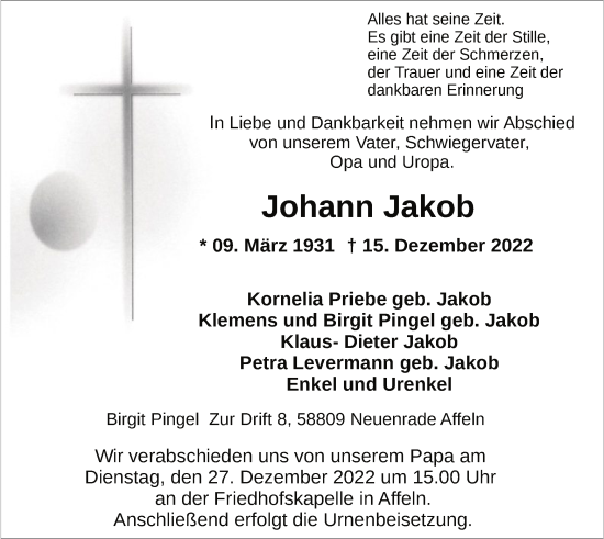 Todesanzeige von Johann Jakob von WA