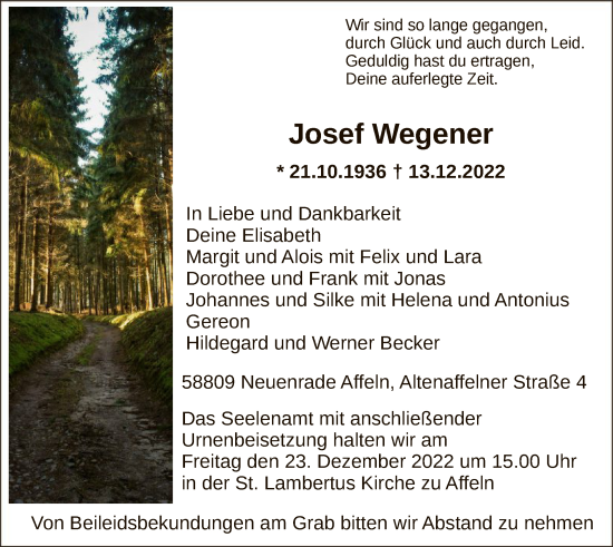 Todesanzeige von Josef Wegener von WA