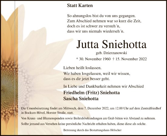 Todesanzeige von Jutta Sniehotta von WA
