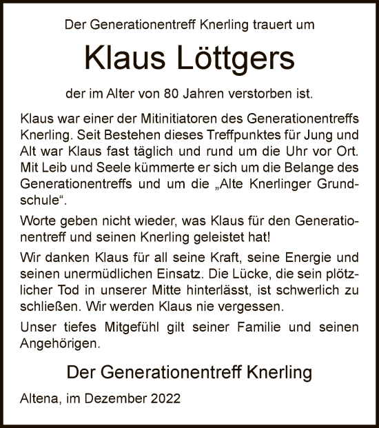 Todesanzeige von Klaus Löttgers von WA