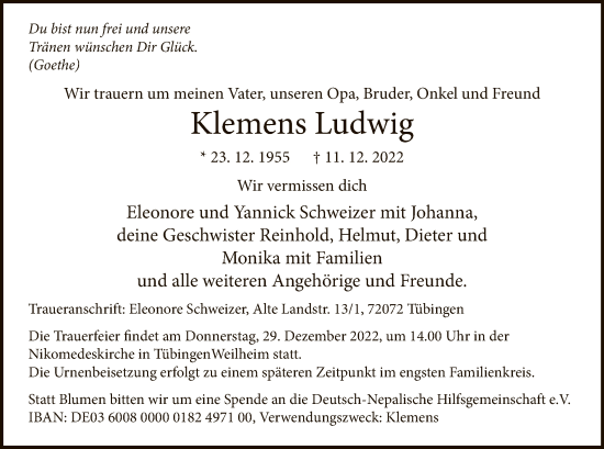 Todesanzeige von Klemens Ludwig von WA