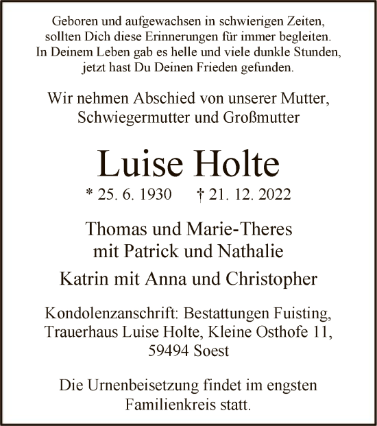 Todesanzeige von Luise Holte von WA
