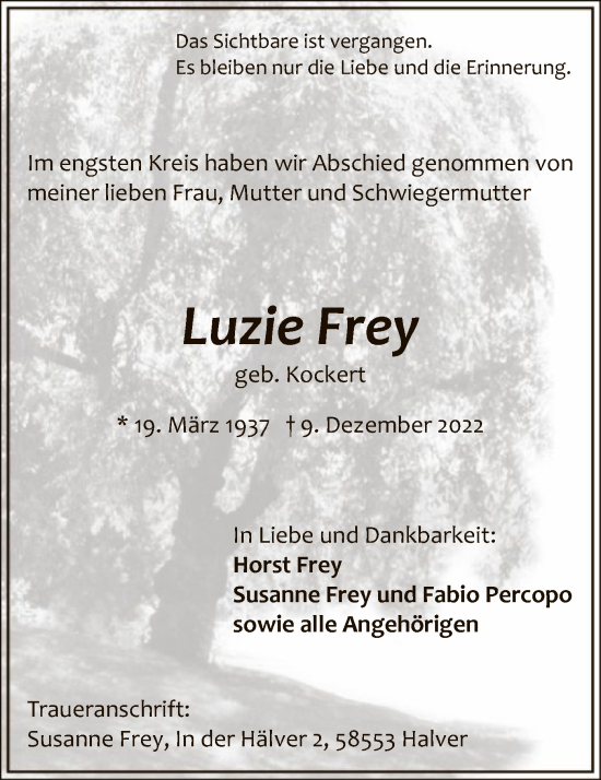 Todesanzeige von Luzie Frey von WA
