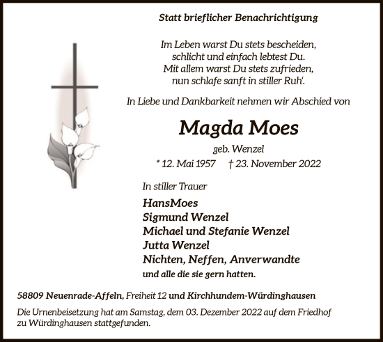 Todesanzeige von Magda Moes von WA