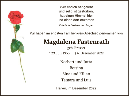 Todesanzeige von Magdalena Fastenrath von WA