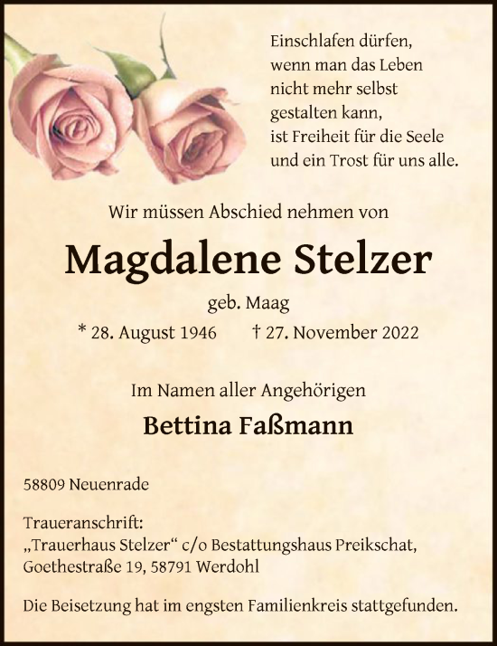Todesanzeige von Magdalene Stelzer von WA