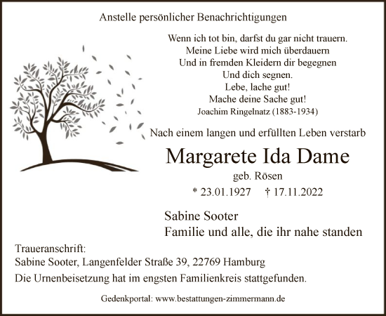 Todesanzeige von Margarete Ida Dame von WA
