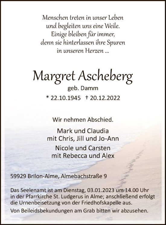 Todesanzeige von Margret Ascheberg von WA