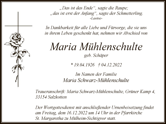 Todesanzeige von Maria Mühlenschulte von WA