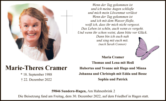 Todesanzeige von Marie-Theres Cramer von WA