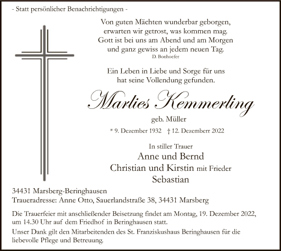 Todesanzeige von Marlies Kemmerling von WA