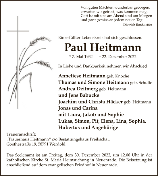 Todesanzeige von Paul Heitmann von WA