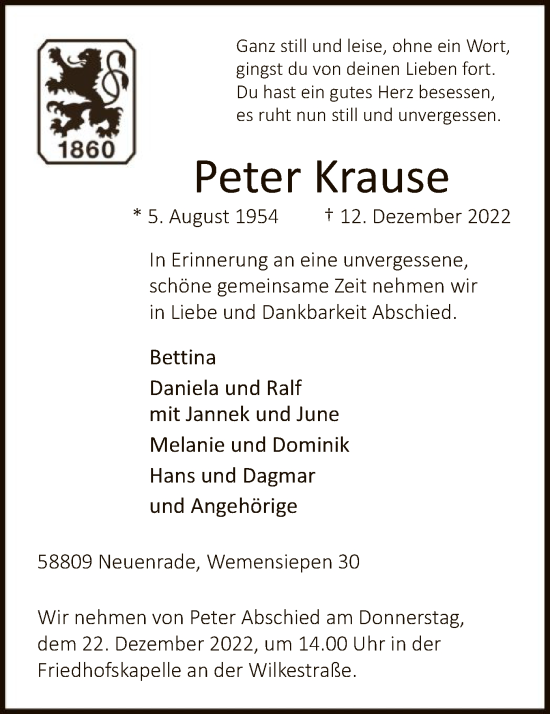 Todesanzeige von Peter Krause von WA