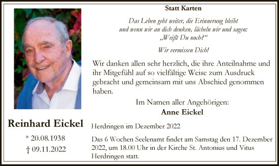 Todesanzeige von Reinhard Eickel von WA