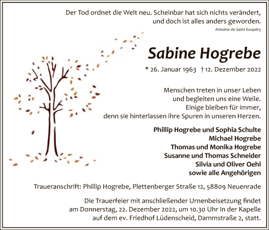 Todesanzeige von Sabine Hogrebe von WA