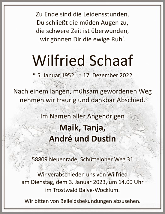 Todesanzeige von Wilfried Schaaf von WA
