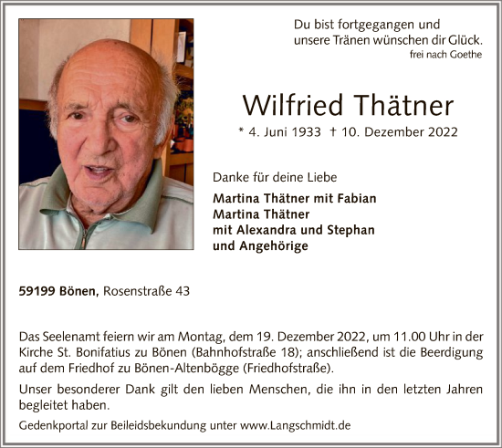 Todesanzeige von Wilfried Thätner von WA