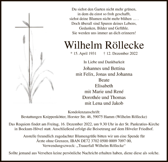 Todesanzeige von Wilhelm Röllecke von WA