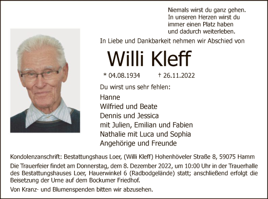 Todesanzeige von Willi Kleff von WA