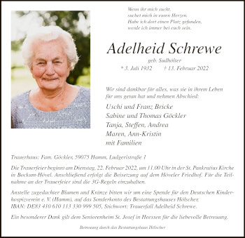 Todesanzeige von Adelheid Schrewe von WA