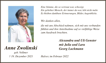 Todesanzeige von Anne Zwolinski von WA