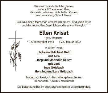 Todesanzeige von Ellen Krisat von WA