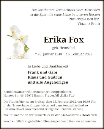 Todesanzeige von Erika Fox von WA