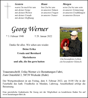 Todesanzeige von Georg Werner von WA