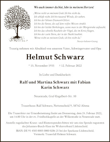 Todesanzeige von Helmut Schwarz von WA