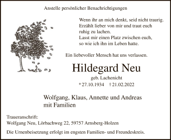 Todesanzeige von Hildegard Neu von WA