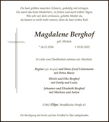 Todesanzeige von Magdalene Berghof von WA