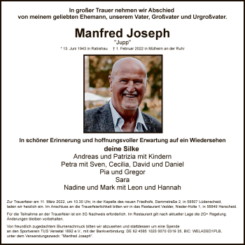 Todesanzeige von Manfred Joseph von WA