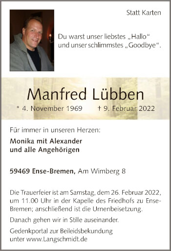 Todesanzeige von Manfred Lübben von WA