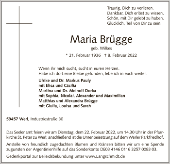 Todesanzeige von Maria Brügge von WA