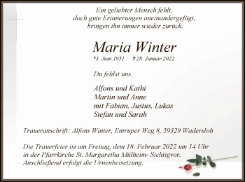 Todesanzeige von Maria Winter von WA