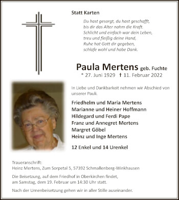Todesanzeige von Paula Mertens von WA
