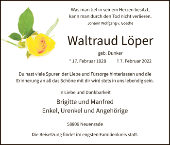 Todesanzeige von Waltraud Löper von WA