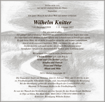 Todesanzeige von Wilhelm Knitter von WA