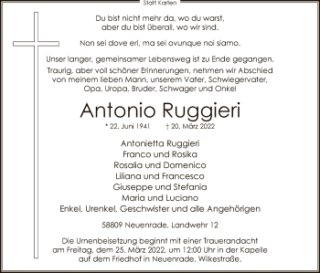 Todesanzeige von Antonio Ruggieri von WA