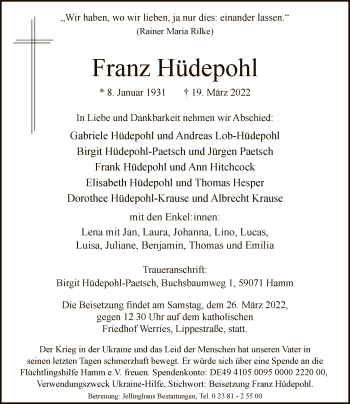 Todesanzeige von Franz Hüdepohl von WA