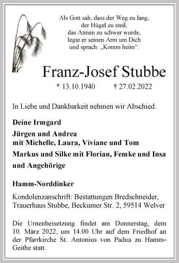 Todesanzeige von Franz-Josef Stubbe von WA
