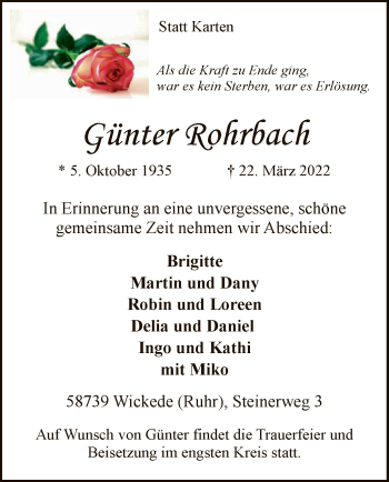 Todesanzeige von Günter Rohrbach von WA