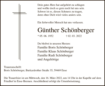 Todesanzeige von Günther Schönberger von WA
