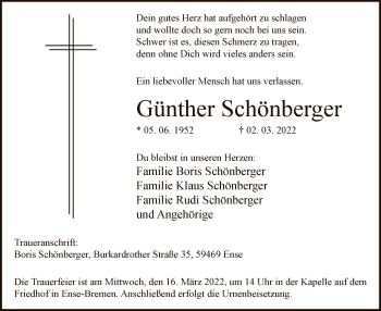 Todesanzeige von Günther Schönberger von WA