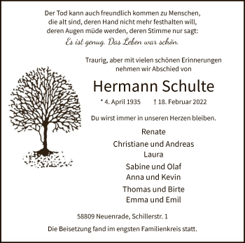 Todesanzeige von Hermann Schulte von WA