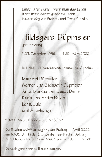 Todesanzeige von Hildegard Düpmeier von WA
