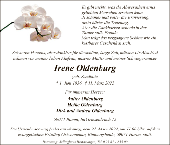 Todesanzeige von Irene Oldenburg von WA