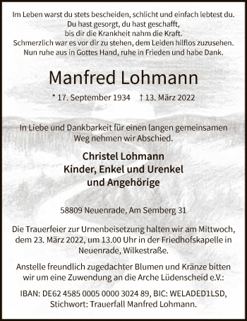 Todesanzeige von Manfred Lohmann von WA