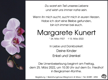 Todesanzeige von Margarete Kunert von WA