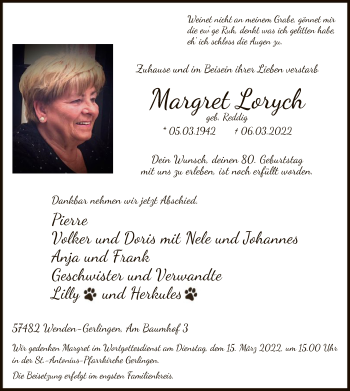 Todesanzeige von Margret Lorych von WA